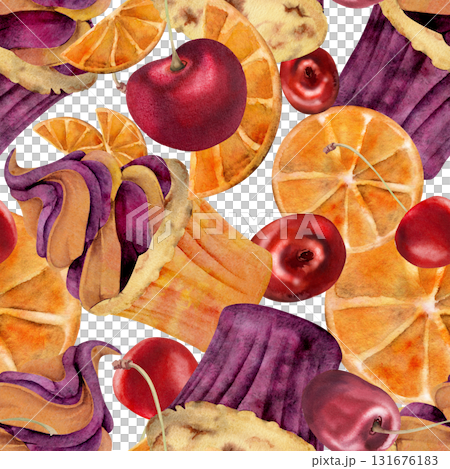 Watercolor cupcake with berry and citrus whipped cream, orange and cherry muffin pastry. Isolated seamless pattern hand painted in watercolor. Kitchen fabric prints, food branding, sticker sheets. Watercolor cupcake with berry and citrus whipped cream, orange and cherry muffin pastry. Isolated seamless pattern hand painted in watercolor. Kitchen fabric prints, food branding, sticker sheets. 131676183