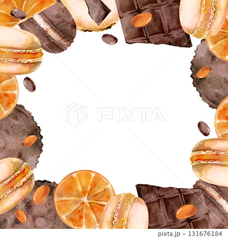 Gourmet macarons with vibrant orange slices, chocolate chips, cocoa bonbons. Watercolor hand painted illustration, isolated wreath. Artisan bakery frame, food label accents, printable dessert tags. 131676184