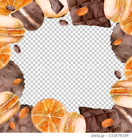 Gourmet macarons with vibrant orange slices, chocolate chips, cocoa bonbons. Watercolor hand painted illustration, isolated wreath. Artisan bakery frame, food label accents, printable dessert tags. 131676184