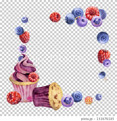 Watercolor cupcake with mixed scattered berries, ripe blueberry raspberry mousse twirl. Hand painted isolated corner illustration. Menu frame art, dessert cooking class, bakery-themed invitations. 131676185