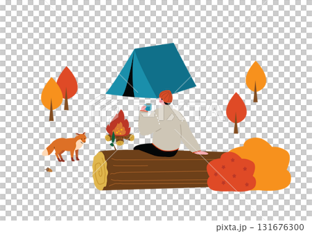秋のソロキャンプを楽しむ男性 131676300