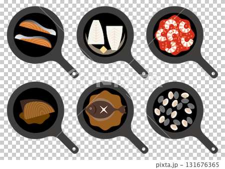 Set illustrations of various seafood cooked in a frying pan Set illustrations of various seafood cooked in a frying pan 131676365
