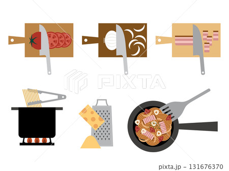 トマトとベーコンのパスタを作る工程のセットイラスト 131676370
