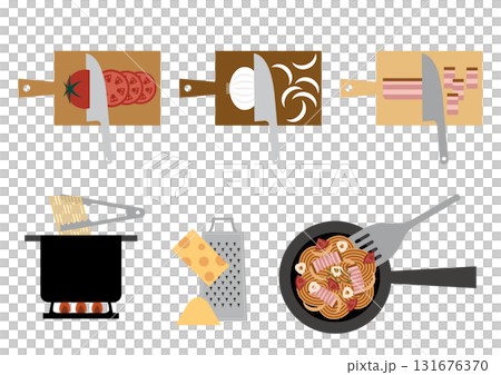 トマトとベーコンのパスタを作る工程のセットイラスト 131676370