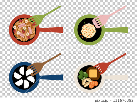 Set illustration of frying pan cooking Set illustration of frying pan cooking 131676382