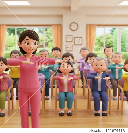 介護施設で体操をおしえる日本人女性介護士 131676518