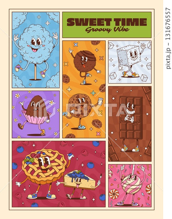 Sweets and dessert groovy characters posters, vector retro pastry and confectionery food. Cartoon groovy chocolate bar, fruit pie and cheesecake, cookie, lollipop and sugar characters, bakery posters Sweets and dessert groovy characters posters, vector retro pastry and confectionery food. Cartoon groovy chocolate bar, fruit pie and cheesecake, cookie, lollipop and sugar characters, bakery posters 131676557