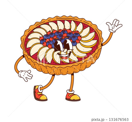 Cartoon groovy apple pie character or bakery sweets or pastry dessert, vector personage. Funny groovy pie cake with fruits and berries with funny face and happy smile as retro groovy pastry character Cartoon groovy apple pie character or bakery sweets or pastry dessert, vector personage. Funny groovy pie cake with fruits and berries with funny face and happy smile as retro groovy pastry character 131676563