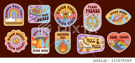 Hippie groovy label stickers, retro patches of vintage psychedelic rainbow, melting eye, UFO and peace symbol. Vector groovy fire, hippie daisy and planet, retro cassette and roller skates stickers 131676564