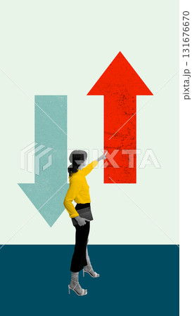 Creative artwork. Woman pointing upward red arrow symbolizing positive direction and growth Creative artwork. Woman pointing upward red arrow symbolizing positive direction and growth 131676670