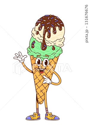 Cartoon groovy ice cream character of gelato scoops in wafer cone, vector personage. Groovy ice cream sweet dessert with silly face and happy smile with Hi gesture as retro or Y2K groovy character 131676676