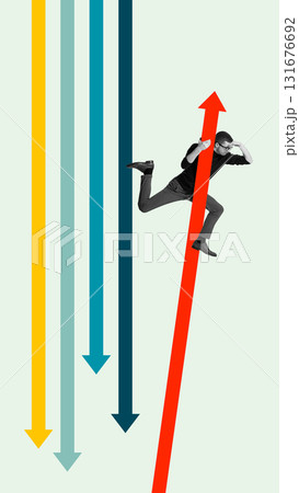 Bold colorful poster. Man climbing red arrow symbolizing growth against downward trends Bold colorful poster. Man climbing red arrow symbolizing growth against downward trends 131676692