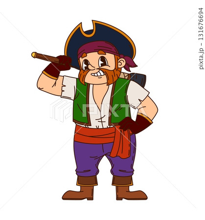 Caribbean pirate or corsair cartoon groovy character in captain tricorne hat, vector personage. Caribbean pirate sailor or boatswain corsair and filibuster man with angry grim smile and ax hatchet Caribbean pirate or corsair cartoon groovy character in captain tricorne hat, vector personage. Caribbean pirate sailor or boatswain corsair and filibuster man with angry grim smile and ax hatchet 131676694