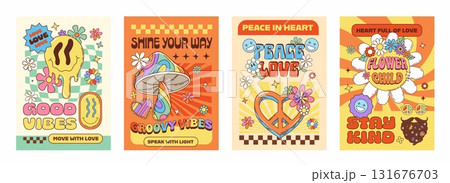 70s hippie groovy characters posters. Retro psychedelic cards with cheerful messages, smiling faces, colorful mushrooms, peace signs, flowers and bold typography, evoking free spirited vibe of the 60s 131676703