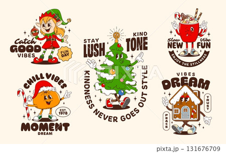 Christmas groovy characters retro stickers and t shirt prints. Vector cartoon funny elf, Xmas tree, gingerbread house, orange and hot drink with candy cane. Festive vector patches with positive quotes 131676709