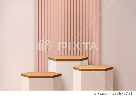 3d beige podium cosmetics stage pedestals with wooden plates and vertical panel background. Elegant neutral studio for cosmetic, fashion or product display with soft tones evoke calmness and luxury 131676711