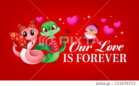 Our love is forever happy valentine s day quote greeting card. Saint Valentine holiday vector banner, romantic celebration quote poster with snakes asian characters, engagement ring and typography Our love is forever happy valentine s day quote greeting card. Saint Valentine holiday vector banner, romantic celebration quote poster with snakes asian characters, engagement ring and typography 131676713