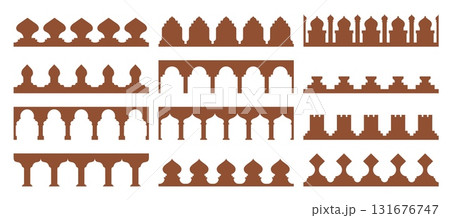 Old Arabian Saudi pattern decor, Islamic border, morocco shapes. Vector set of ornamental architectural Mughal and middle eastern crenellations or trims. Silhouettes of palaces, mosques and fortresses 131676747
