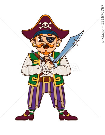 Cartoon European pirate and corsair sailor character with captain hat, saber and pistol poses joyfully. Vector groovy cheerful y2k rover personage with ginger mustaches and beard wears an eye patch Cartoon European pirate and corsair sailor character with captain hat, saber and pistol poses joyfully. Vector groovy cheerful y2k rover personage with ginger mustaches and beard wears an eye patch 131676767