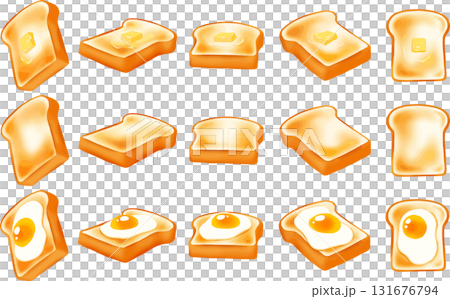 Freshly baked toast assortment, fried egg, butter 131676794