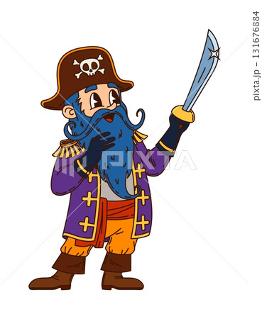 European groovy pirate and corsair character. Vector sea captain, swashbuckling retro cartoon personage with rugged beard and tricorn holding a saber, ready for high seas adventures and treasure hunts 131676884