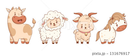 Cute little Sheep, Cow, Goat and Horse. Adorable Farm Animal. Isolated livestock Funny kawaii character. Vector illustration. Kids collection. Not AI Cute little Sheep, Cow, Goat and Horse. Adorable Farm Animal. Isolated livestock Funny kawaii character. Vector illustration. Kids collection. Not AI 131676917