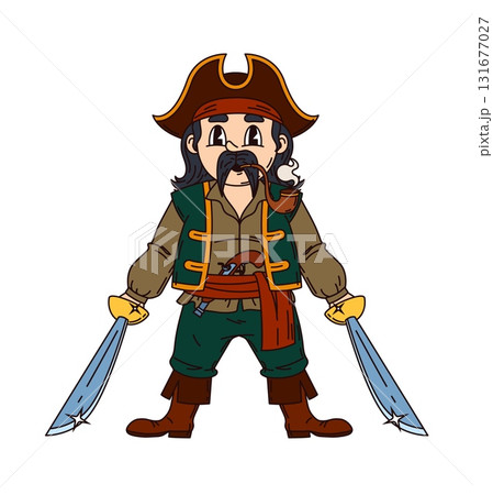 Groovy pirate sailor or corsair captain character with sword sabers, cartoon vector. Caribbean pirate skipper or boatswain corsair and filibuster man with smoking pipe and musket as groovy character 131677027