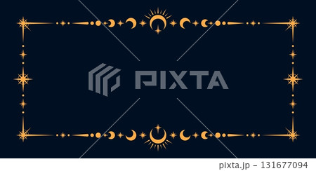 Esoteric celestial frame. Vector gold mystical magic decorative border, adorned with golden stars, suns, moons and beams. Mystic boho style magical, astrological, wicca background with space symbols 131677094