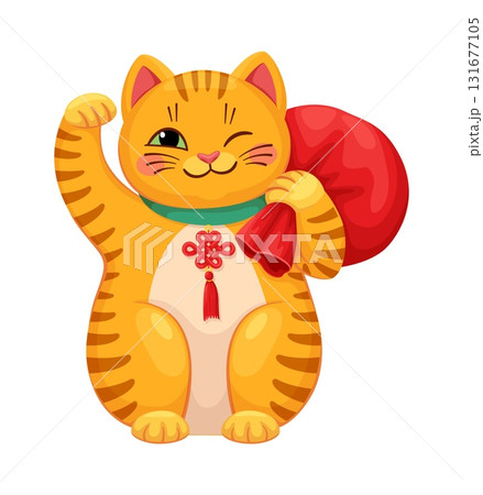 Maneki neko Japanese cat with money bag and lucky knot, vector cartoon character. Maneki neko lucky cat or animal toy with Chinese money pouch Hebao and waving paw for luck and fortune symbol 131677105