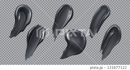 Realistic black gel or lotion cream and cosmetic swatch smears set, vector texture. Black cream swatch strokes and smudges of charcoal lotion gel or paint drop blobs for facial mask or makeup cream Realistic black gel or lotion cream and cosmetic swatch smears set, vector texture. Black cream swatch strokes and smudges of charcoal lotion gel or paint drop blobs for facial mask or makeup cream 131677122
