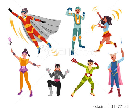 Cartoon kids superhero characters, girls and boys in superhero costumes with magic powers, vector set. Superhero kids with magic power, superpower and energy blasts for child superhuman characters 131677130