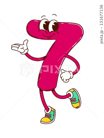 Cartoon groovy number seven character. Isolated vector playful and funky 7 figure with big round eyes, a cheerful smile, and purple body. Mathematics numeric personage for kids school education Cartoon groovy number seven character. Isolated vector playful and funky 7 figure with big round eyes, a cheerful smile, and purple body. Mathematics numeric personage for kids school education 131677136