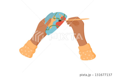 Hands engaged in craft activity, painting a colorful bowl with a brush and tool. Creative process of DIY art and craftwork, flat style. Suitable for childrens workshops creative classes. Hands engaged in craft activity, painting a colorful bowl with a brush and tool. Creative process of DIY art and craftwork, flat style. Suitable for childrens workshops creative classes. 131677137