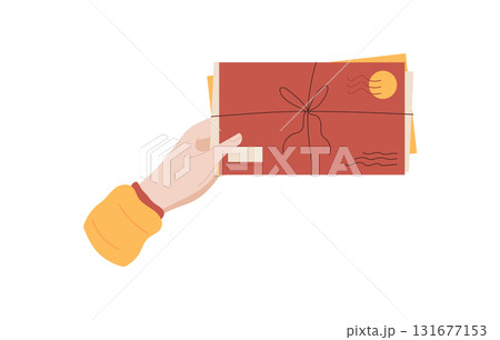 Hand holding a bundle of mail including letters, cards, and envelopes. Concept of love and gift for holiday occasions, flat style with creative approach. Suitable for stationery or correspondence Hand holding a bundle of mail including letters, cards, and envelopes. Concept of love and gift for holiday occasions, flat style with creative approach. Suitable for stationery or correspondence 131677153