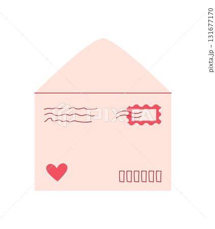 Cute envelope with heart, pink postcard design. Romantic message card for valentine's day. Concept of love, celebration, holiday, flat style, suitable for invitations and greetings. 131677170