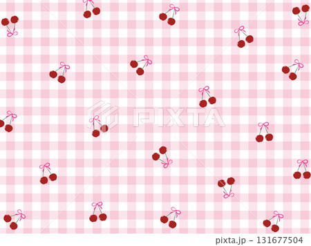 さくらんぼとギンガムチェック柄のレトロな背景 さくらんぼとギンガムチェック柄のレトロな背景 131677504