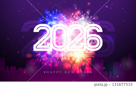 2026 Happy New Year Banner Design with White Number and Fireworks on Night Blue Background. Christmas Holiday Illustration with Typography Lettering for Flyer, Greeting Card, Banner, Celebration 131677533