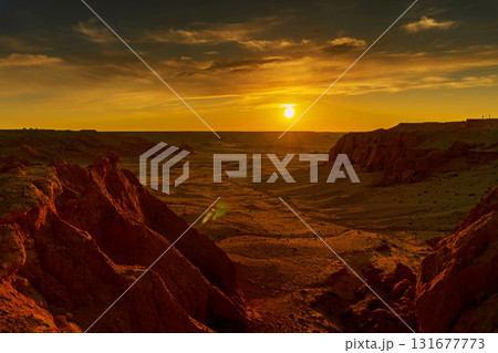 Bayanzag flaming cliffs at sunset in Mongolia 131677773