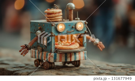 Cute Vintage Food Robot Delivering Pizza and Pancakes on Wheels 131677949
