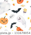 Watercolor Halloween seamless pattern. Print with Halloween pumpkin, ghosts, bat and candies. Festive design and decoration of wrapping paper, textiles. Fun holiday pattern 131678054