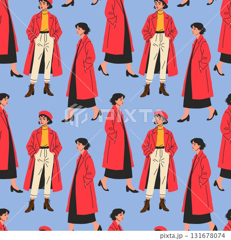 Fashionable women in red coats walking on a light blue background in a stylish, repetitive pattern Fashionable women in red coats walking on a light blue background in a stylish, repetitive pattern 131678074