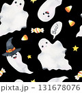 Watercolor Halloween seamless pattern. Print with Halloween ghosts and candies. Festive design and decoration of wrapping paper, textiles. Fun holiday pattern 131678076