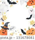 Watercolor Halloween frame. Print with Halloween pumpkin, ghosts, bat and candies. Festive design and decoration. Fun holiday pattern 131678081