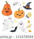 Watercolor Halloween hand drawn illustrations set. Print Halloween pumpkin, ghosts, bat and candies. Festive design and decoration. Fun holiday pattern 131678084