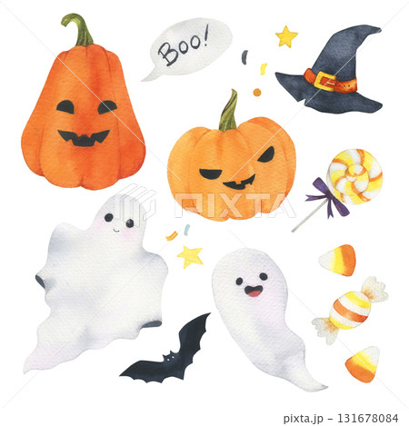 Watercolor Halloween hand drawn illustrations set. Print Halloween pumpkin, ghosts, bat and candies. Festive design and decoration. Fun holiday pattern 131678084