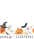 Watercolor Halloween seamless border. Print with Halloween pumpkin, ghosts, bat and candies. Festive design and decoration. Fun holiday pattern 131678161