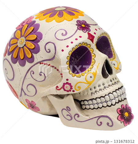 Colorful day of the dead skull sculpture with marigold and rose floral decorations, sugar skull for dia de los muertos, isolated 131678312