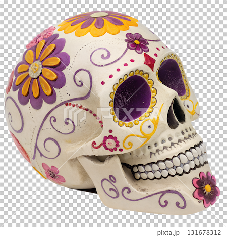 Colorful day of the dead skull sculpture with marigold and rose floral decorations, sugar skull for dia de los muertos, isolated 131678312