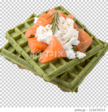 Spinach green waffles topped with smoked salmon and dollop of cream cheese, gourmet brunch, isolated on transparent background Spinach green waffles topped with smoked salmon and dollop of cream cheese, gourmet brunch, isolated on transparent background 131678315