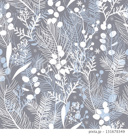 Christmas frosty floral seamless pattern in neutral palette. Happy Holidays winter forest background with eucalyptus leaves, pine and berry branches, and snowflakes 131678349